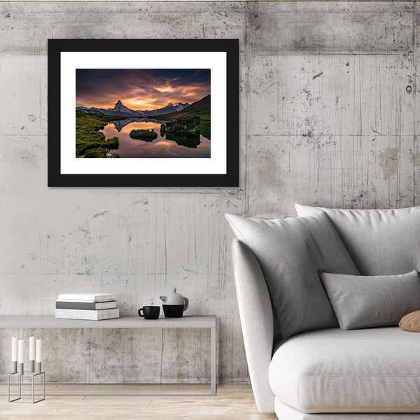Sunset At Matterhorn With Reflection In Stelli Lake Canvas Wall Art-5 Horizontal-Gallery Wrap-22" x 12"-Tiaracle