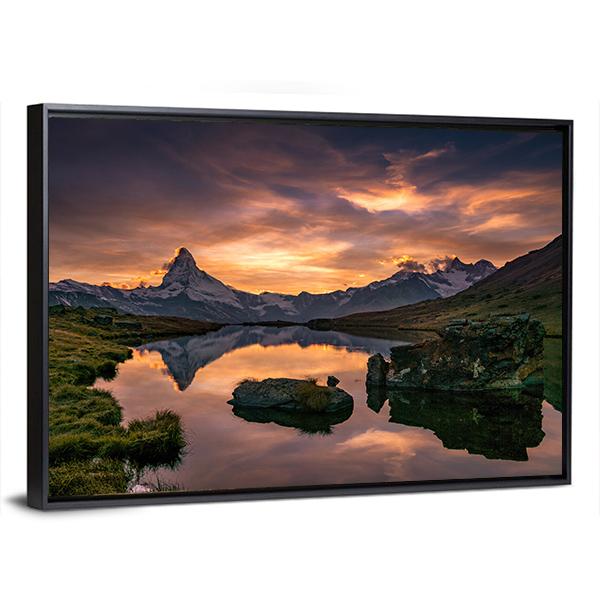 Sunset At Matterhorn With Reflection In Stelli Lake Canvas Wall Art-5 Horizontal-Gallery Wrap-22" x 12"-Tiaracle