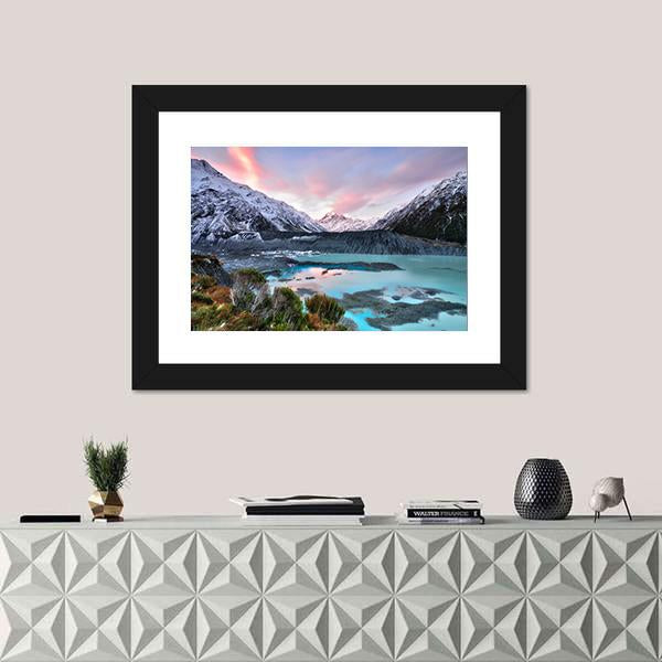 Sunset At Mueller Glacier Aoraki Mt Cook Canvas Wall Art-1 Piece-Framed Print-20" x 16"-Tiaracle