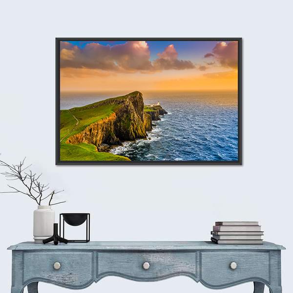 Sunset At Neist Point Lighthouse Canvas Wall Art-1 Piece-Floating Frame-24" x 16"-Tiaracle
