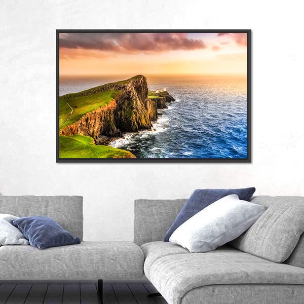 Sunset At Neist Point Lighthouse Canvas Wall Art-5 Horizontal-Gallery Wrap-22" x 12"-Tiaracle