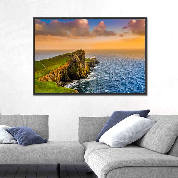 Sunset At Neist Point Lighthouse Canvas Wall Art-3 Horizontal-Gallery Wrap-25" x 16"-Tiaracle
