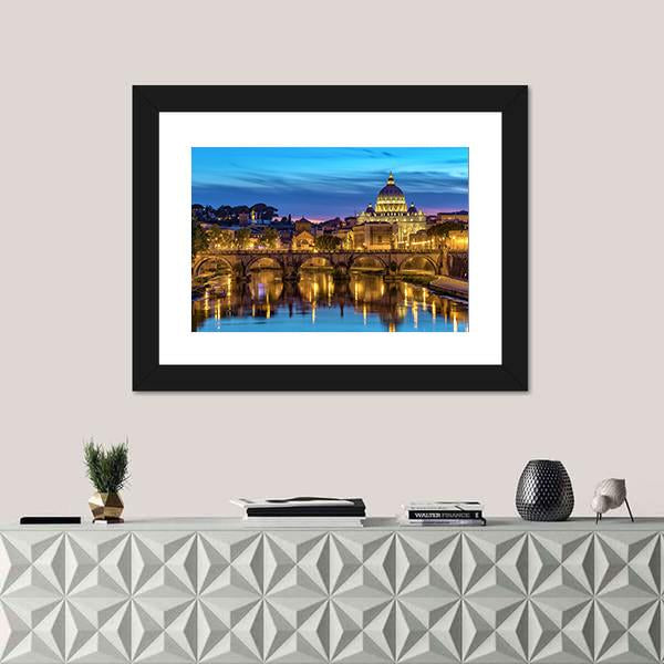 Sunset At Rome Italy With Saint Peter's Basilica Canvas Wall Art-1 Piece-Framed Print-20" x 16"-Tiaracle