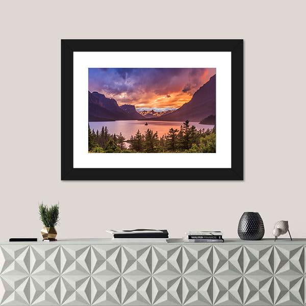 Sunset At St Mary Lake Canvas Wall Art-1 Piece-Framed Print-20" x 16"-Tiaracle