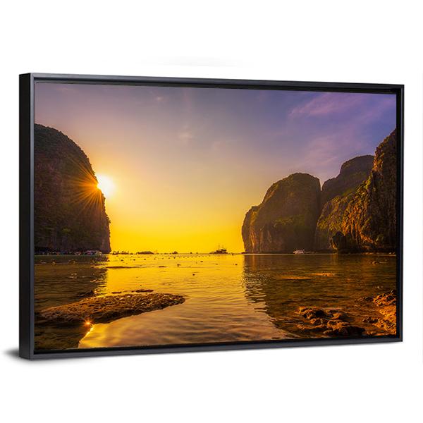 Sunset At The Maya Beach Canvas Wall Art-3 Horizontal-Gallery Wrap-25" x 16"-Tiaracle