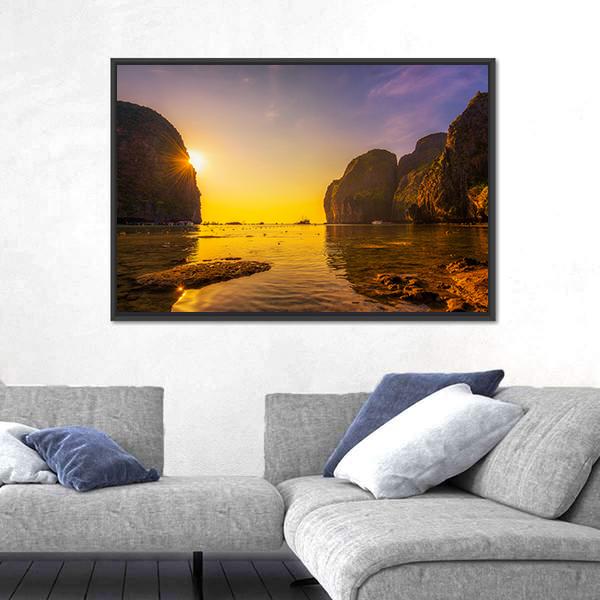 Sunset At The Maya Beach Canvas Wall Art-3 Horizontal-Gallery Wrap-25" x 16"-Tiaracle