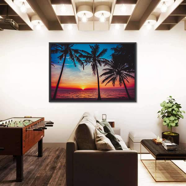 Sunset At Tropical Beach Canvas Wall Art-1 Piece-Floating Frame-24" x 16"-Tiaracle
