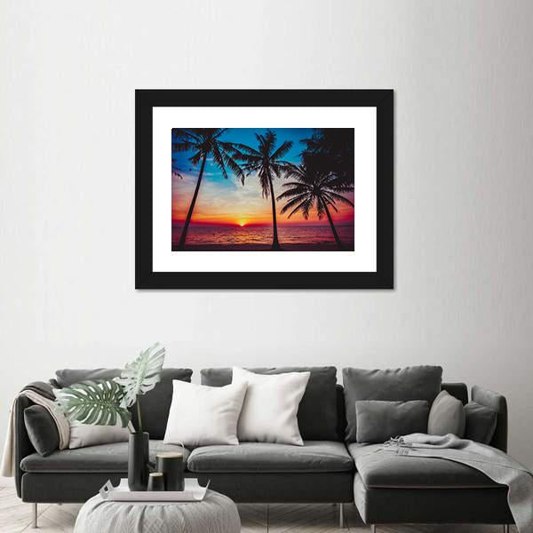 Sunset At Tropical Beach Canvas Wall Art-1 Piece-Framed Print-20" x 16"-Tiaracle
