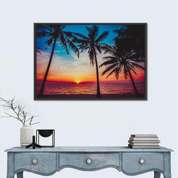 Sunset At Tropical Beach Canvas Wall Art-5 Horizontal-Gallery Wrap-22" x 12"-Tiaracle