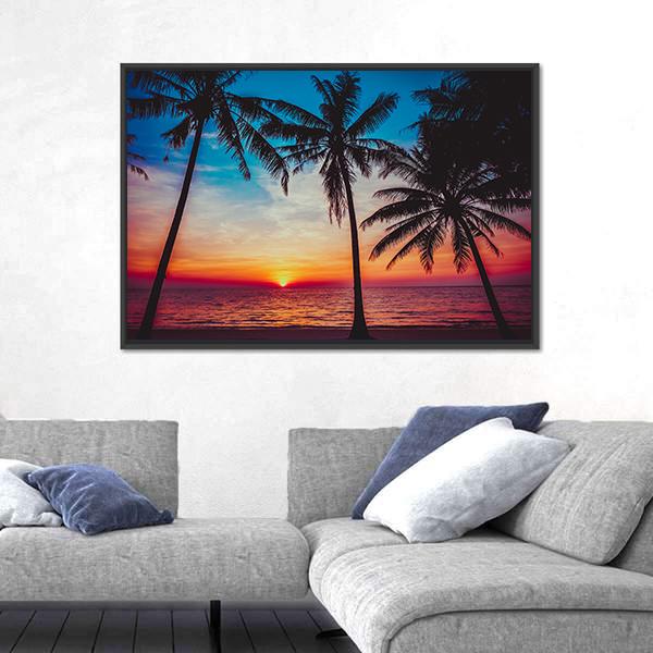 Sunset At Tropical Beach Canvas Wall Art-5 Horizontal-Gallery Wrap-22" x 12"-Tiaracle