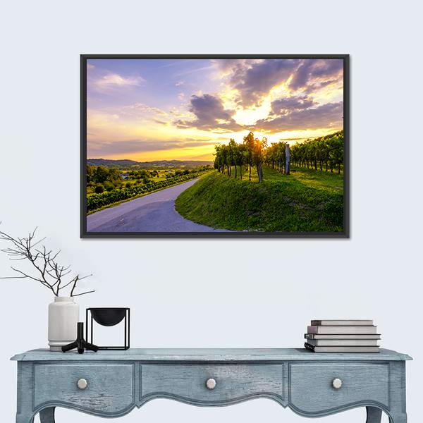 Sunset At Vineyards Of Vipava Valley Canvas Wall Art-1 Piece-Floating Frame-24" x 16"-Tiaracle