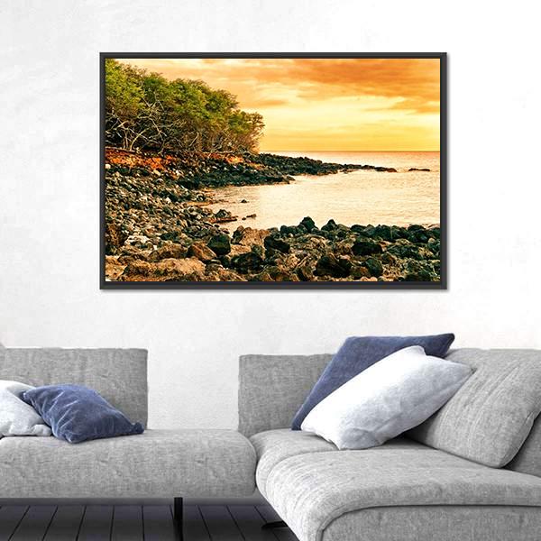 Sunset At Volcanic Stones Beach In Hawaii Canvas Wall Art-5 Horizontal-Gallery Wrap-22" x 12"-Tiaracle