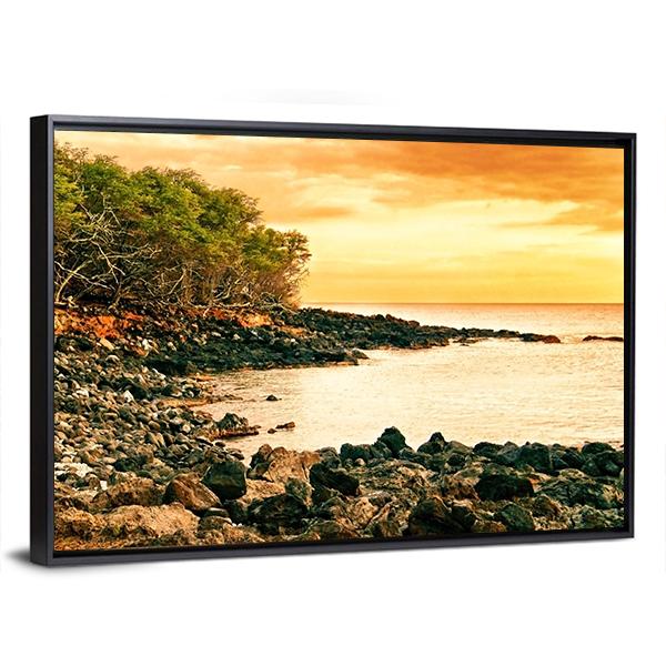 Sunset At Volcanic Stones Beach In Hawaii Canvas Wall Art-5 Horizontal-Gallery Wrap-22" x 12"-Tiaracle