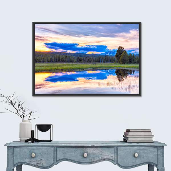 Sunset At Yellowstone National Park Canvas Wall Art-1 Piece-Floating Frame-24" x 16"-Tiaracle