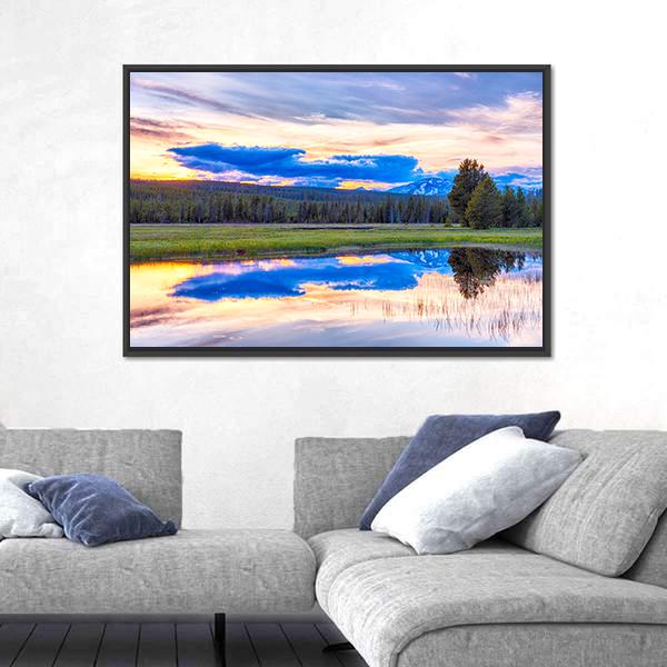 Sunset At Yellowstone National Park Canvas Wall Art-3 Horizontal-Gallery Wrap-25" x 16"-Tiaracle