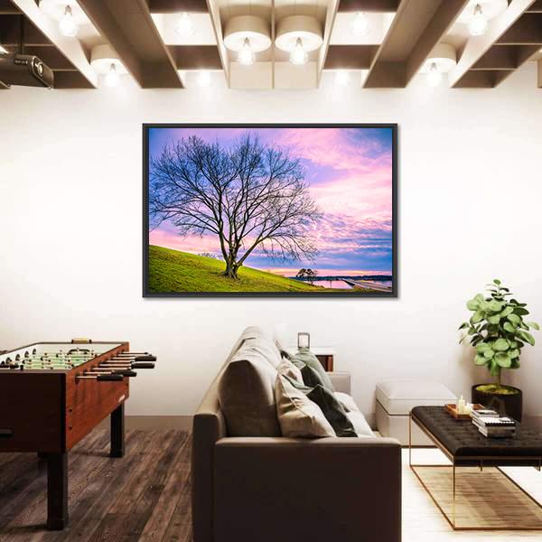 Sunset Behind Leafless Winter Tree Canvas Wall Art-1 Piece-Floating Frame-24" x 16"-Tiaracle