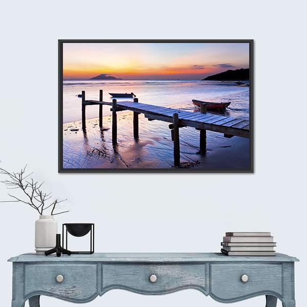 Sunset Coast At Wooden Pier Canvas Wall Art-1 Piece-Floating Frame-24" x 16"-Tiaracle