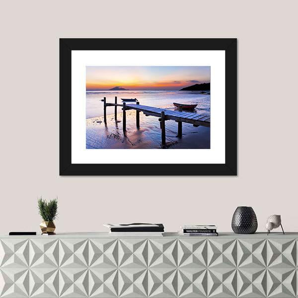 Sunset Coast At Wooden Pier Canvas Wall Art-1 Piece-Framed Print-20" x 16"-Tiaracle