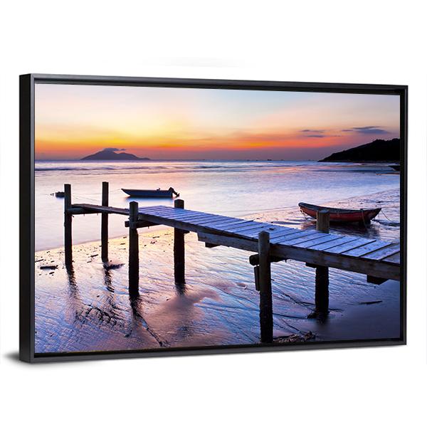 Sunset Coast At Wooden Pier Canvas Wall Art-3 Horizontal-Gallery Wrap-25" x 16"-Tiaracle