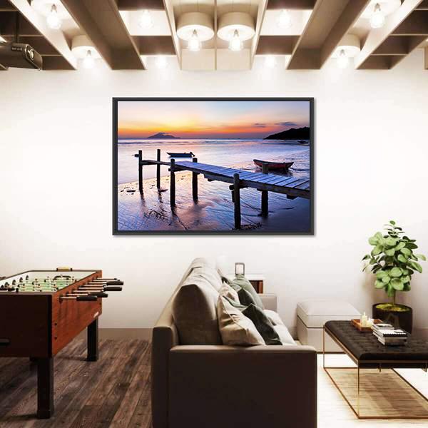 Sunset Coast At Wooden Pier Canvas Wall Art-3 Horizontal-Gallery Wrap-25" x 16"-Tiaracle