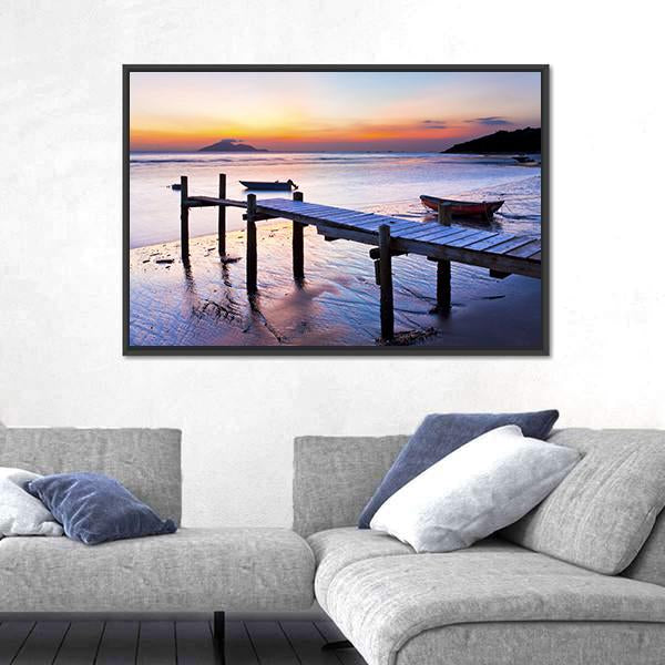 Sunset Coast At Wooden Pier Canvas Wall Art-3 Horizontal-Gallery Wrap-25" x 16"-Tiaracle