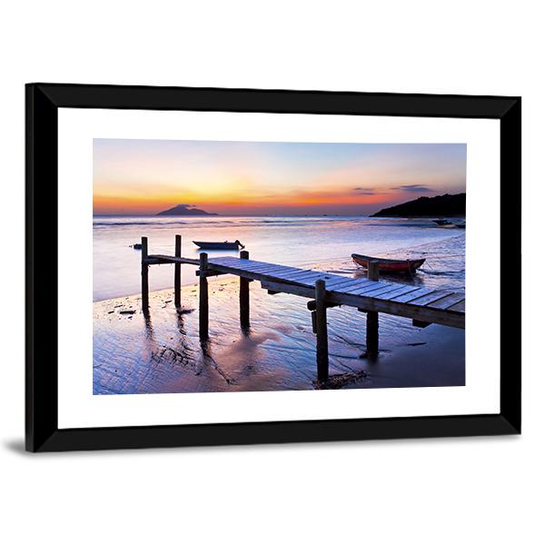 Sunset Coast At Wooden Pier Canvas Wall Art-3 Horizontal-Gallery Wrap-25" x 16"-Tiaracle