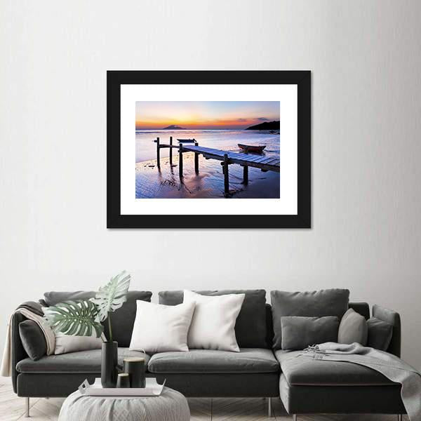 Sunset Coast At Wooden Pier Canvas Wall Art-3 Horizontal-Gallery Wrap-25" x 16"-Tiaracle