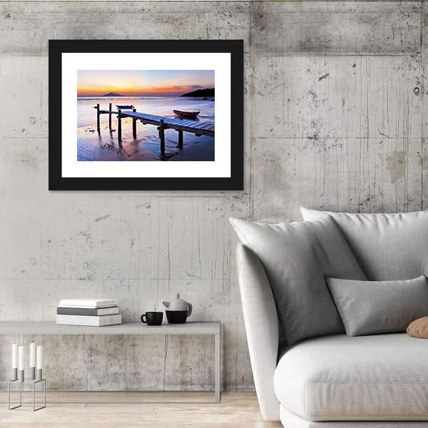 Sunset Coast At Wooden Pier Canvas Wall Art-3 Horizontal-Gallery Wrap-25" x 16"-Tiaracle