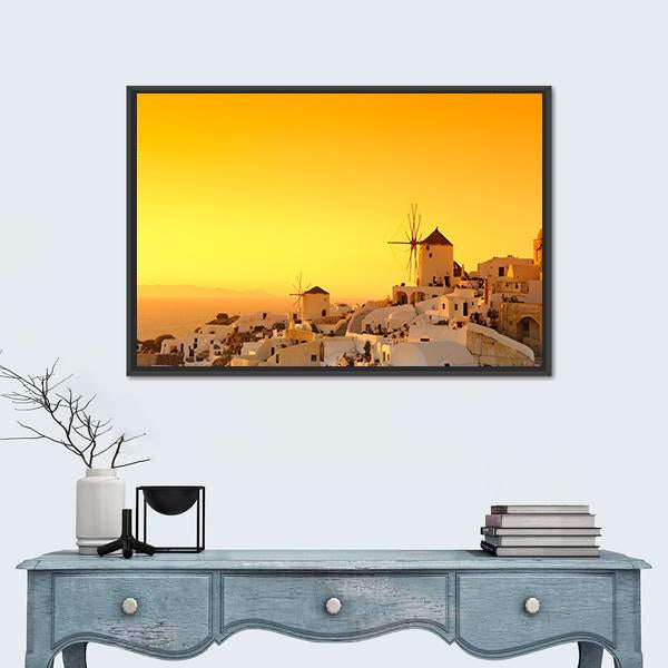 Sunset In Oia Village On Santorini Island Canvas Wall Art-1 Piece-Floating Frame-36" x 24"-Tiaracle