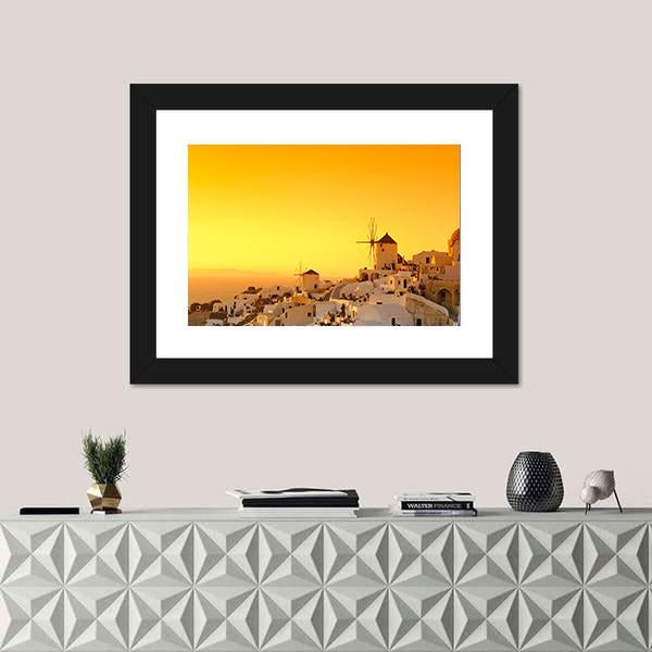 Sunset In Oia Village On Santorini Island Canvas Wall Art-1 Piece-Framed Print-30" x 20"-Tiaracle