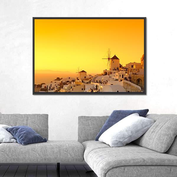 Sunset In Oia Village On Santorini Island Canvas Wall Art-3 Horizontal-Gallery Wrap-25" x 16"-Tiaracle