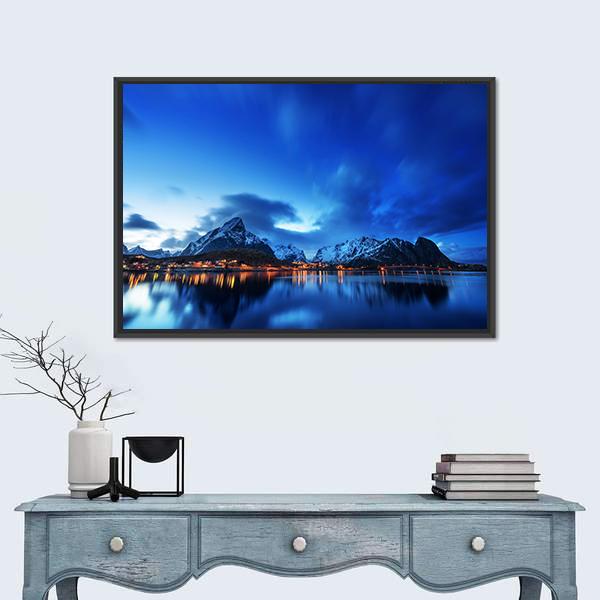 Sunset In Reine Village In Lofoten Islands Canvas Wall Art-1 Piece-Floating Frame-24" x 16"-Tiaracle