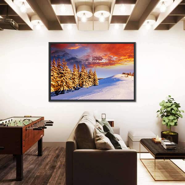 Sunset In The Winter Mountains Canvas Wall Art-1 Piece-Floating Frame-36" x 24"-Tiaracle