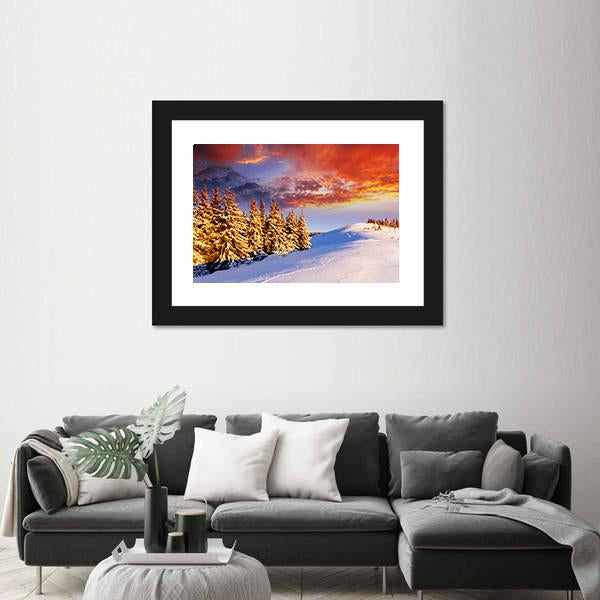 Sunset In The Winter Mountains Canvas Wall Art-1 Piece-Framed Print-30" x 20"-Tiaracle