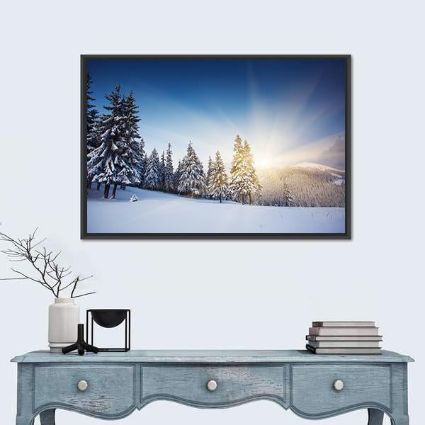 Sunset In The Winter Mountains Landscape Canvas Wall Art-1 Piece-Floating Frame-36" x 24"-Tiaracle