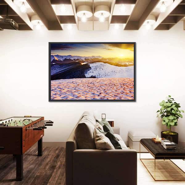 Sunset In The Winter Mountains Landscape Canvas Wall Art-1 Piece-Floating Frame-36" x 24"-Tiaracle