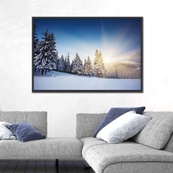 Sunset In The Winter Mountains Landscape Canvas Wall Art-5 Horizontal-Gallery Wrap-22" x 12"-Tiaracle