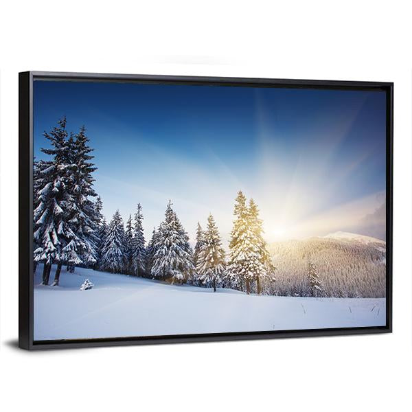 Sunset In The Winter Mountains Landscape Canvas Wall Art-5 Horizontal-Gallery Wrap-22" x 12"-Tiaracle