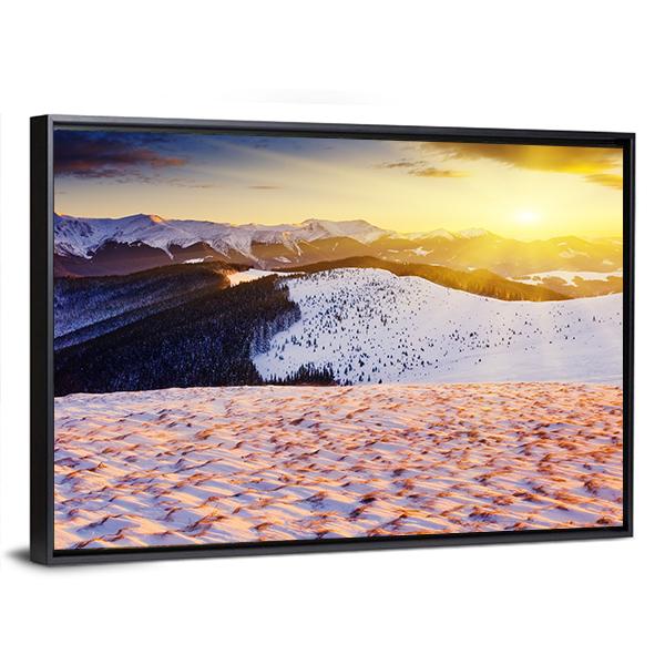 Sunset In The Winter Mountains Landscape Canvas Wall Art-5 Horizontal-Gallery Wrap-22" x 12"-Tiaracle