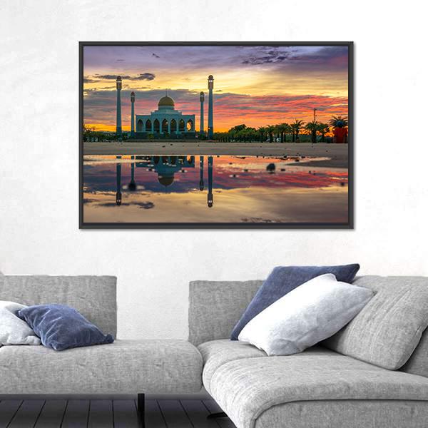 Sunset Of Central Songkhla Mosque Canvas Wall Art-1 Piece-Floating Frame-24" x 16"-Tiaracle
