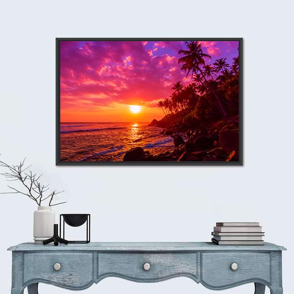 Sunset On Beach With Palm Trees Canvas Wall Art-1 Piece-Floating Frame-24" x 16"-Tiaracle