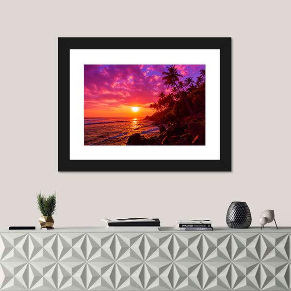 Sunset On Beach With Palm Trees Canvas Wall Art-1 Piece-Framed Print-20" x 16"-Tiaracle
