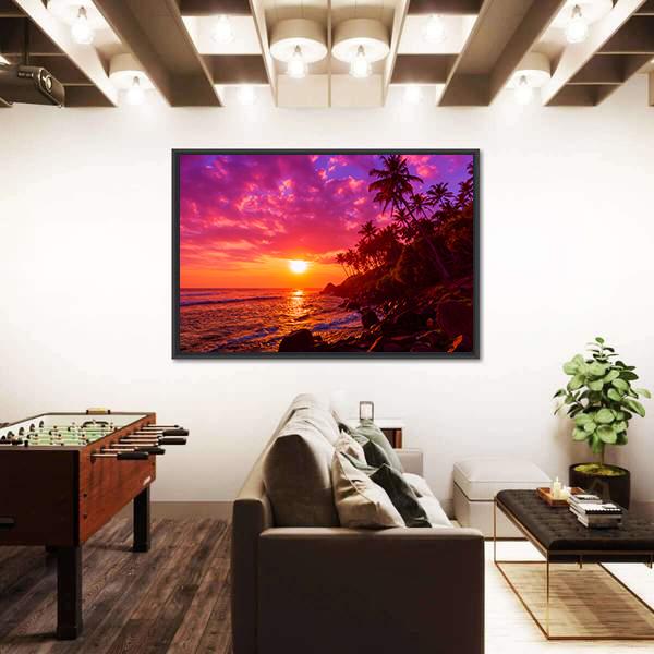 Sunset On Beach With Palm Trees Canvas Wall Art-5 Horizontal-Gallery Wrap-22" x 12"-Tiaracle