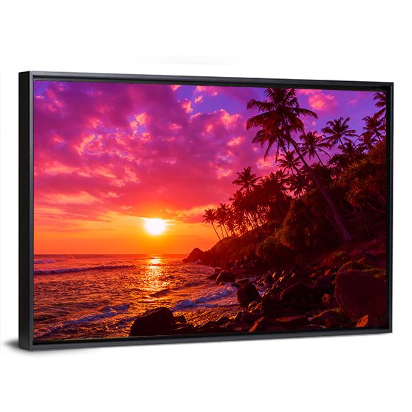 Sunset On Beach With Palm Trees Canvas Wall Art-5 Horizontal-Gallery Wrap-22" x 12"-Tiaracle