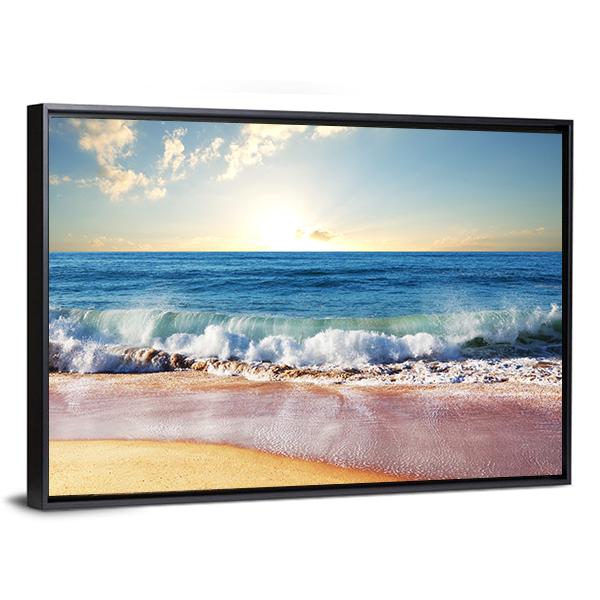 Sunset On Beach With Strong Ocean Waves Canvas Wall Art-5 Horizontal-Gallery Wrap-22" x 12"-Tiaracle