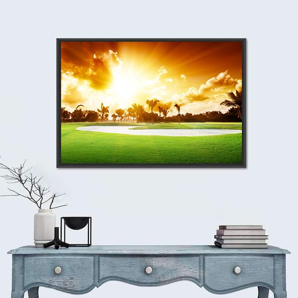 Sunset On Golf Field Canvas Wall Art-1 Piece-Floating Frame-24&quot; x 16&quot;-Tiaracle