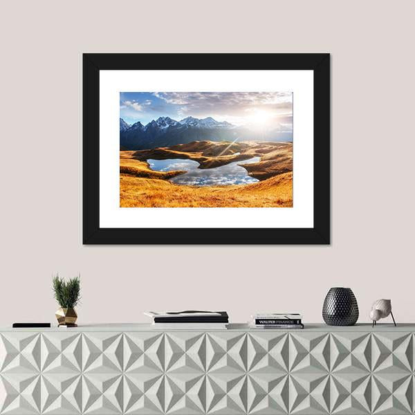 Sunset On Mountain Lake Koruldi Canvas Wall Art-1 Piece-Framed Print-42" x 14"-Tiaracle