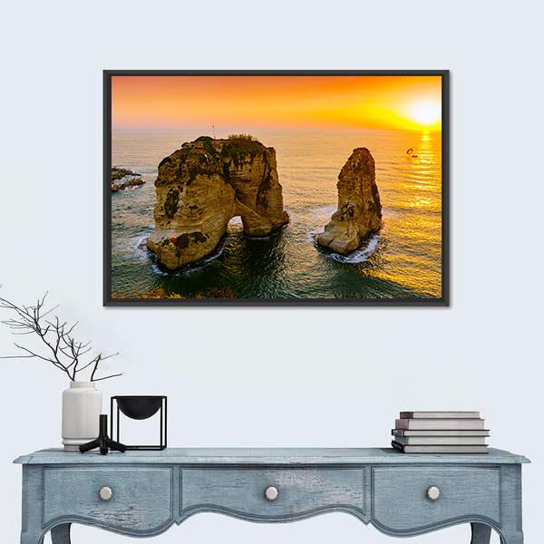 Sunset On Raouche Pigeons Rock Canvas Wall Art-1 Piece-Floating Frame-36" x 24"-Tiaracle