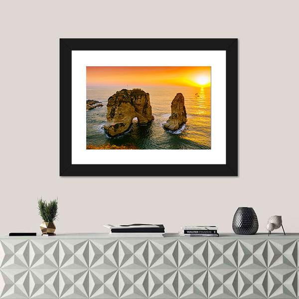Sunset On Raouche Pigeons Rock Canvas Wall Art-1 Piece-Framed Print-42" x 14"-Tiaracle