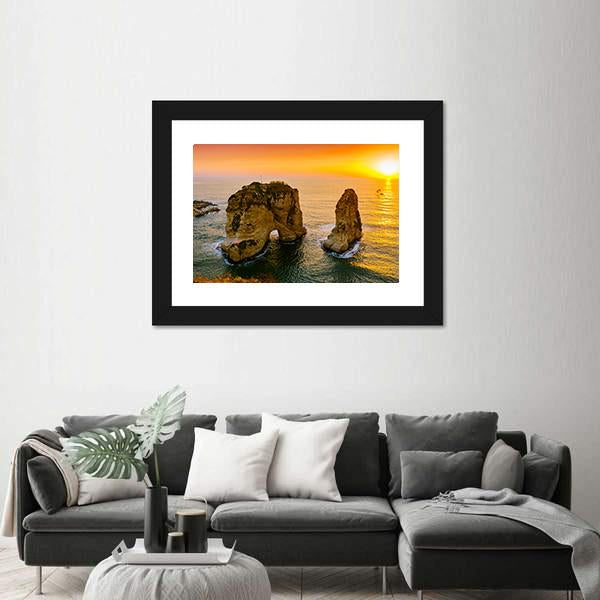 Sunset On Raouche Pigeons Rock Canvas Wall Art-5 Horizontal-Gallery Wrap-22" x 12"-Tiaracle